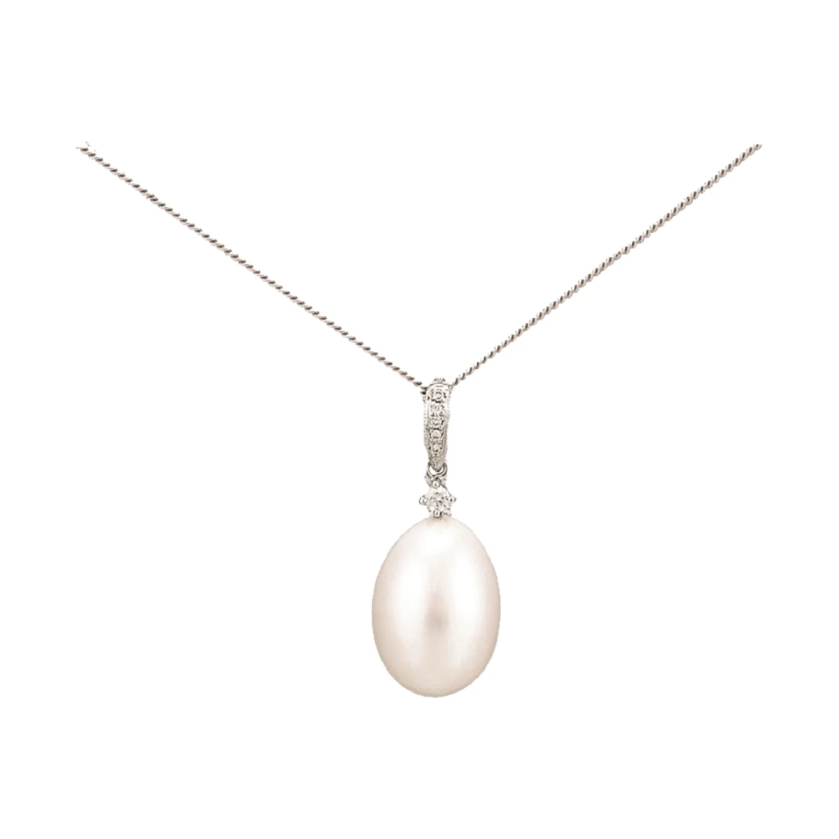 Antique Influenced Design Freshwater Pearl & Diamond Dropper Pendant  |  18ct White Gold