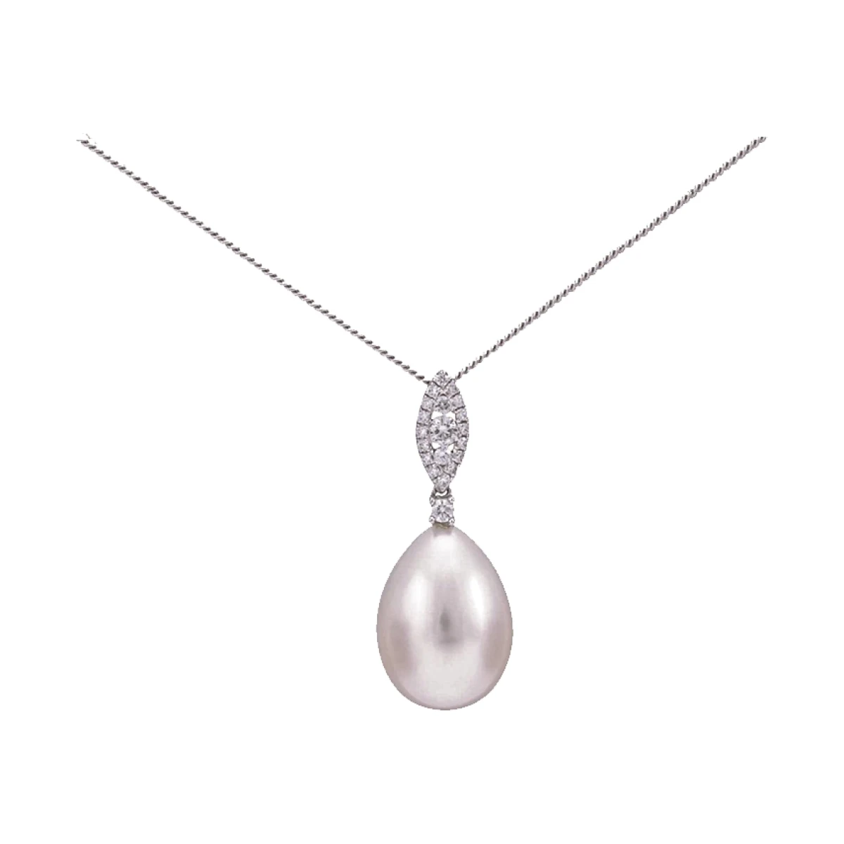 Freshwater Pearl and Diamond Navette Shape Pendant  |  18ct White Gold