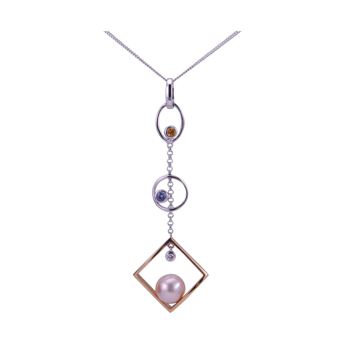 Contemporary Geometric Freshwater Pearl, Diamond & Sapphire Pendant  |  18ct White & Rose Gold