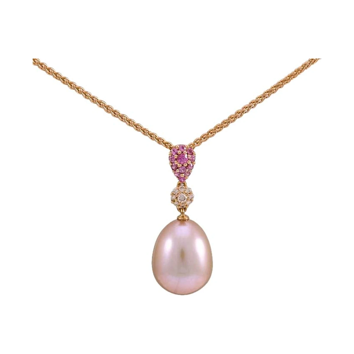 Natural Colour Freshwater Pearl, Diamond & Pink Sapphire Pendant  |  18ct Rose Gold