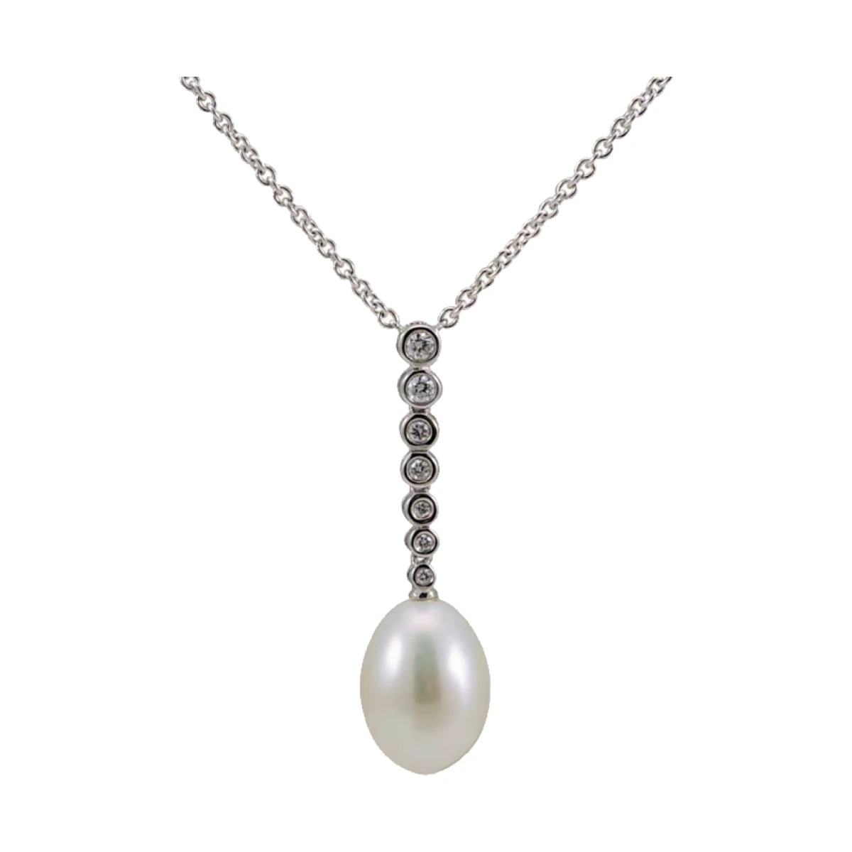 Freshwater Pearl & Diamond Line Drop Pendant Necklace  |  18ct White Gold