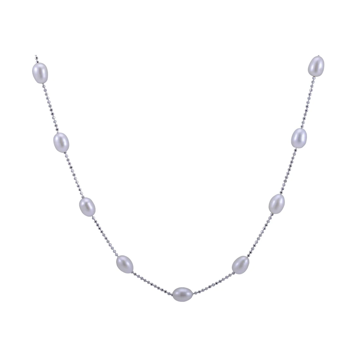 Freshwater Pearl & Faceted Ball Link Chain Necklace  |  Silver