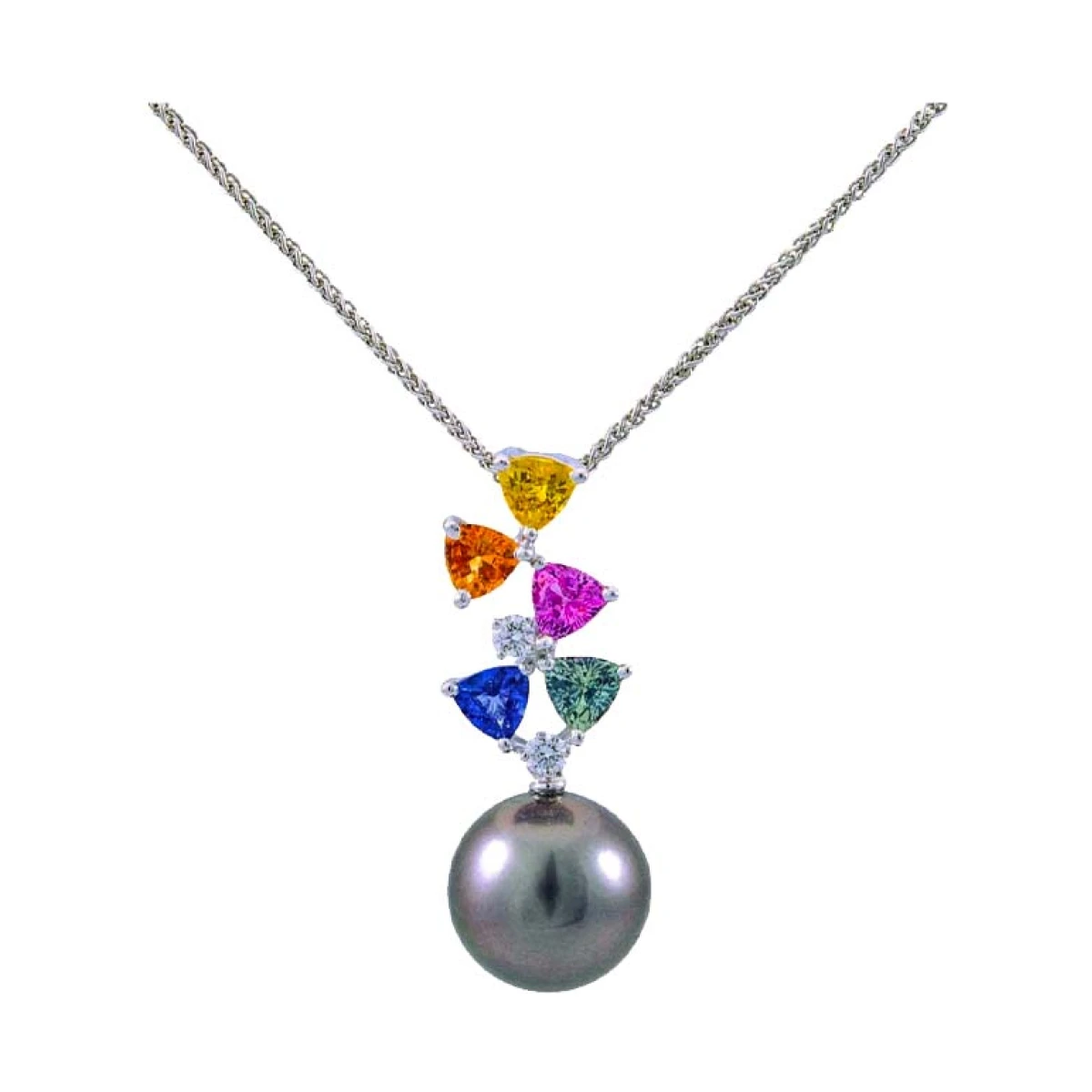 Tahitian Pearl Pendant with Diamond & Multi-Colour Sapphire  |  18ct White Gold