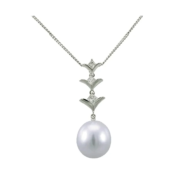 South Sea Pearl & Princess Cut Diamond 'V' Design Pendant  |  18ct White Gold