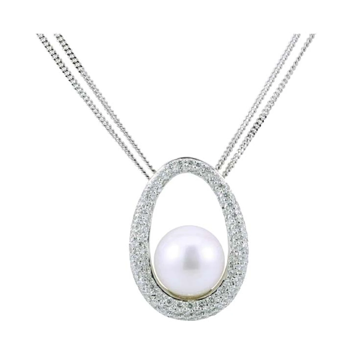 Freshwater Pearl & Diamond Double Chain Pendant Necklace  |  18ct White Gold