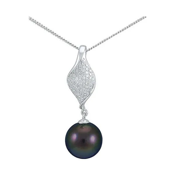 Tahitian Pearl & Diamond Contemporary Twisted Leaf Design Pendant  |  18ct White Gold