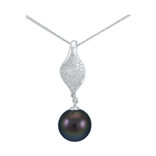 Tahitian Pearl & Diamond Contemporary Twisted Leaf Design Pendant  |  18ct White Gold