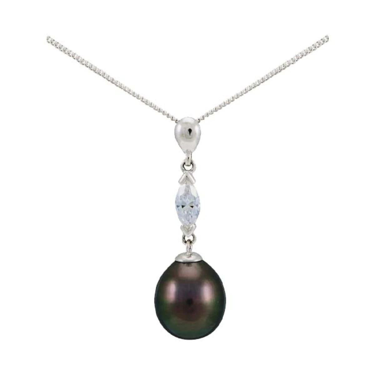 Tahitian Pearl and Certified Navette Shape Diamond Pendant  |  18ct White Gold