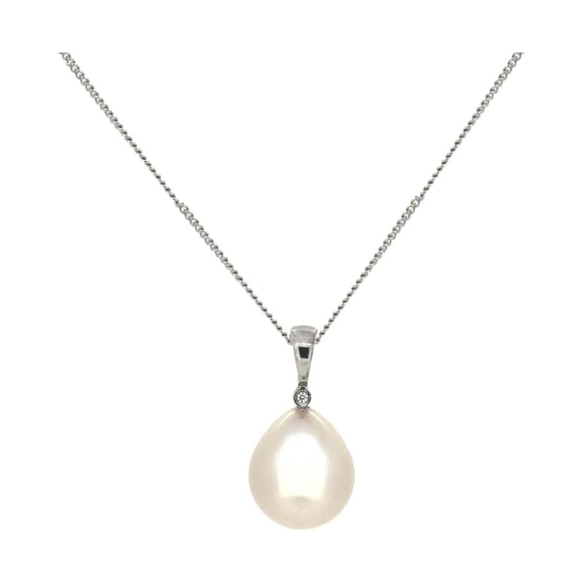 Freshwater Pearl & Diamond Drop Simple Pendant | 9ct White Gold