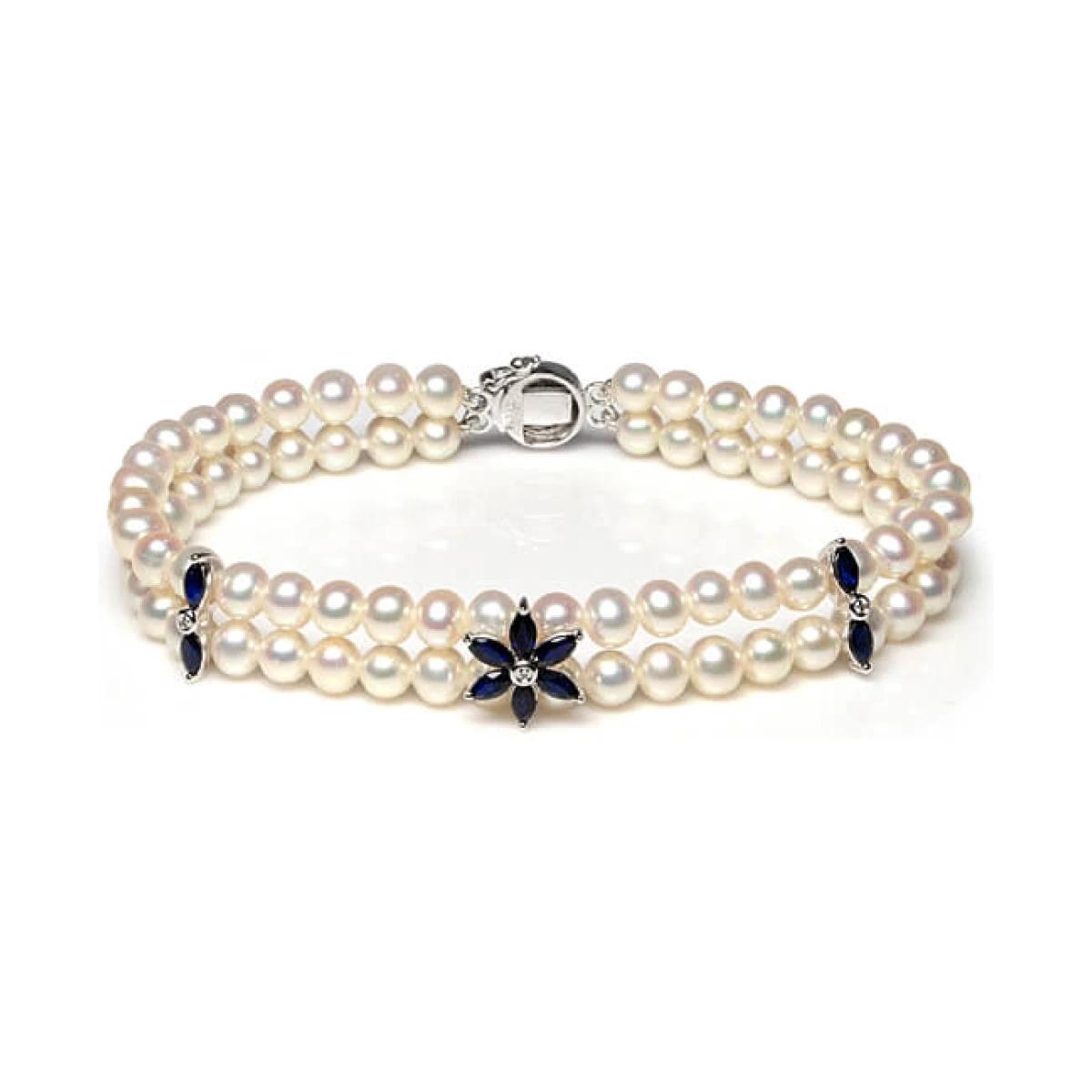 Freshwater Pearl Sapphire & Diamond Two Row Bracelet | 9ct