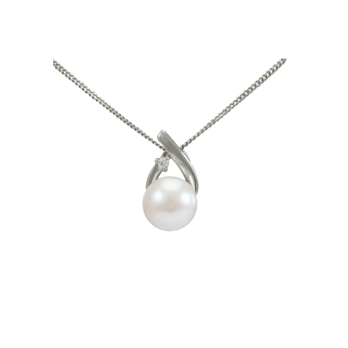 Freshwater Pearl & Claw Set Diamond Loop Design Pendant  |  9ct White Gold