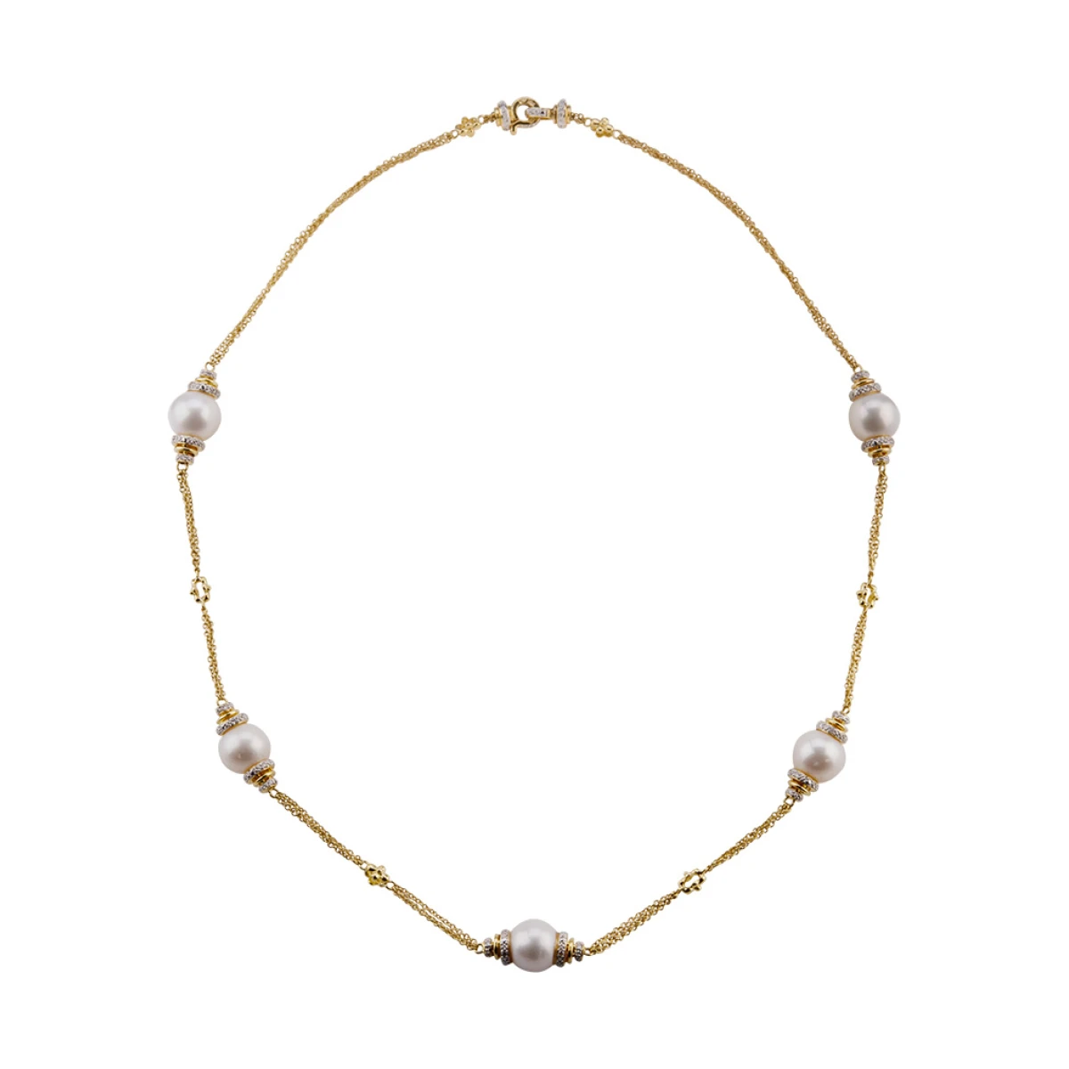 Freshwater Pearl & Diamond Triple Chain "Mary Berry" Necklace | 18ct Yellow gold 