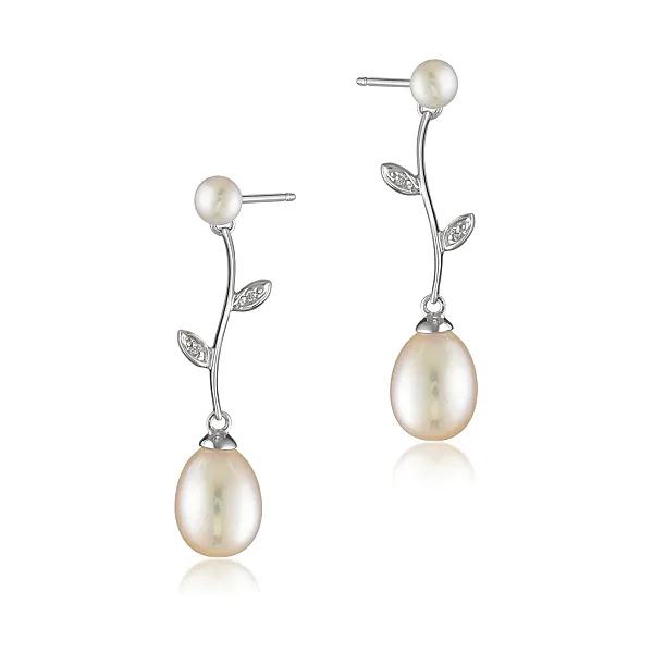 Freshwater Pearl Foliate Drop Earrings  |  9ct Gold