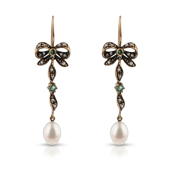 Freshwater Seed Pearl & Emerald Hook Earrings  |  9ct Yellow Gold