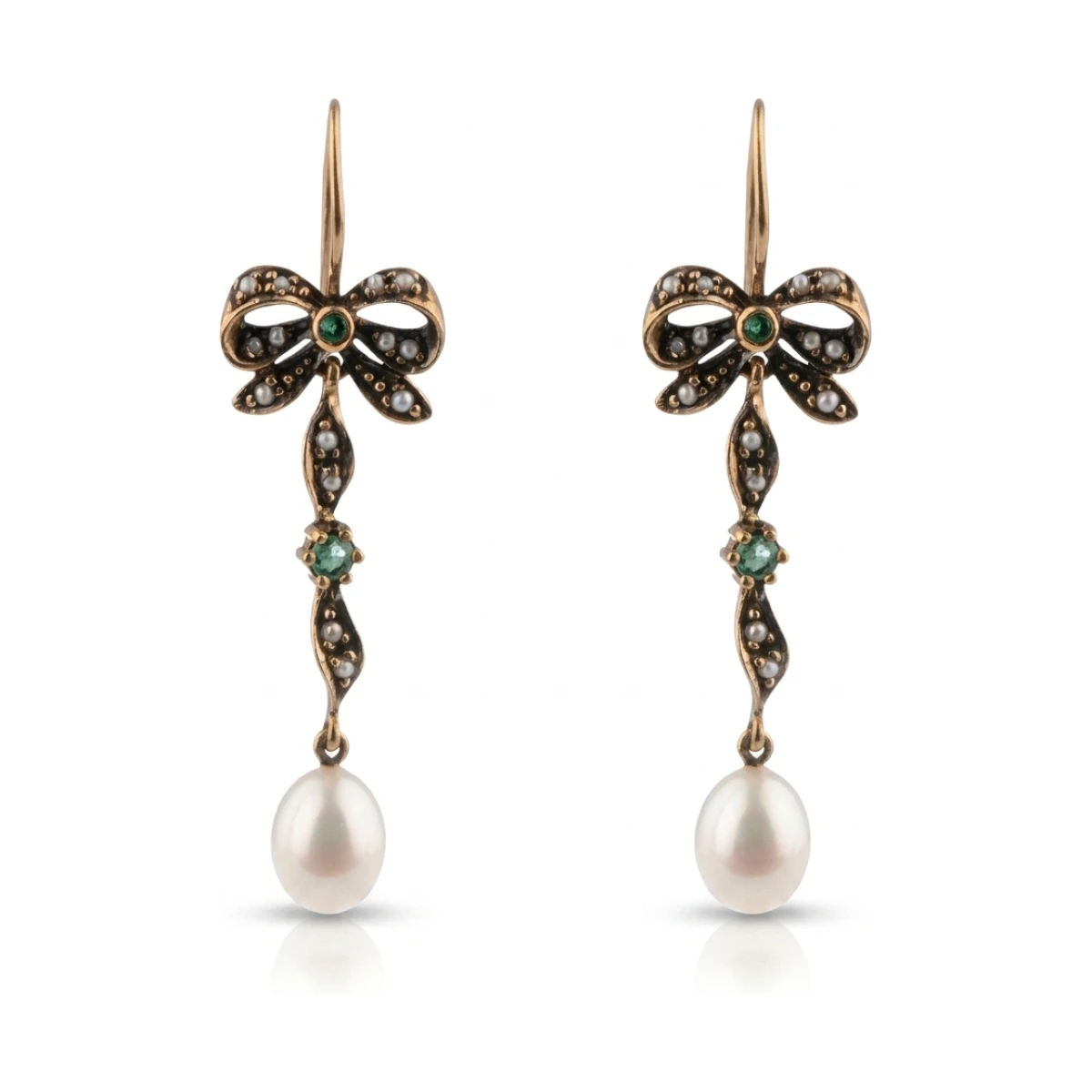 Freshwater Seed Pearl & Emerald Hook Earrings  |  9ct Yellow Gold