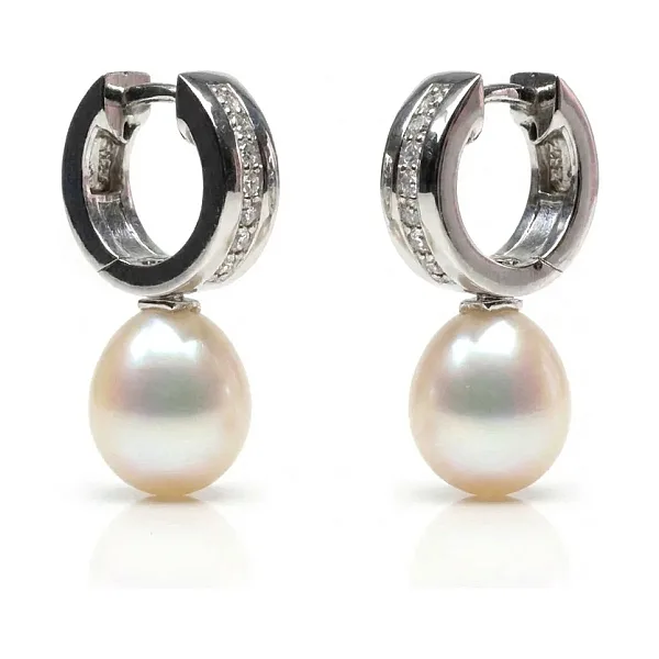 Freshwater Pearl & Cubic Zirconia Huggie Drop Earrings  |  Silver