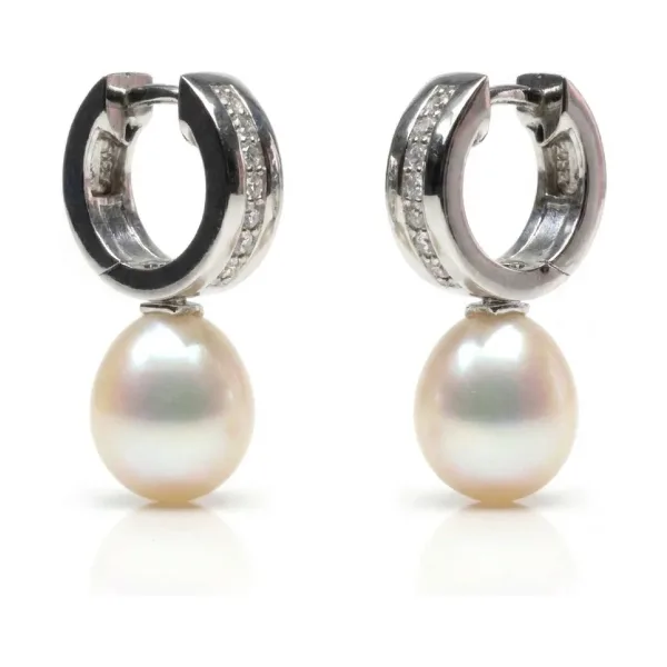 Freshwater Pearl & Cubic Zirconia Huggie Drop Earrings  |  Silver