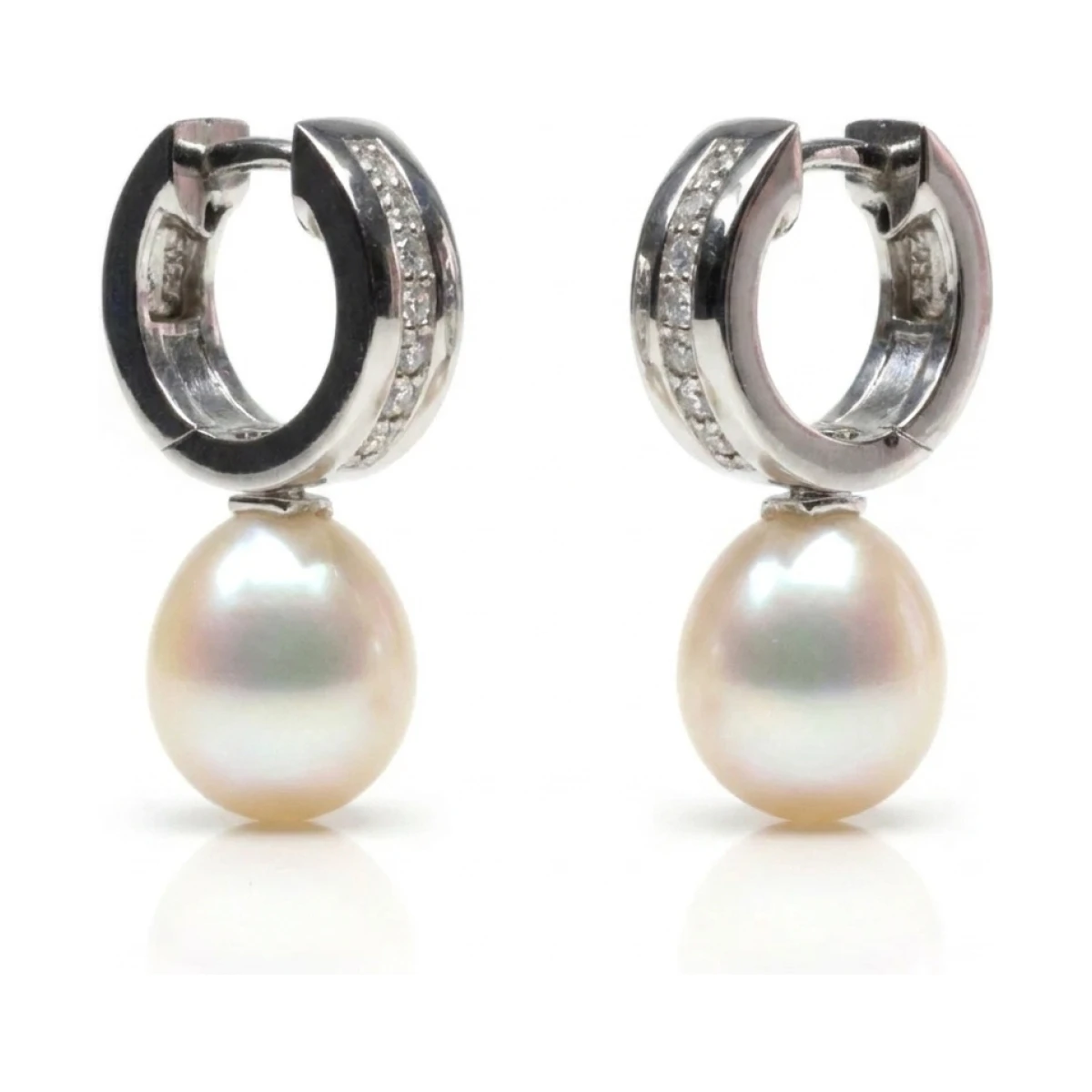 Freshwater Pearl & Cubic Zirconia Huggie Drop Earrings  |  Silver