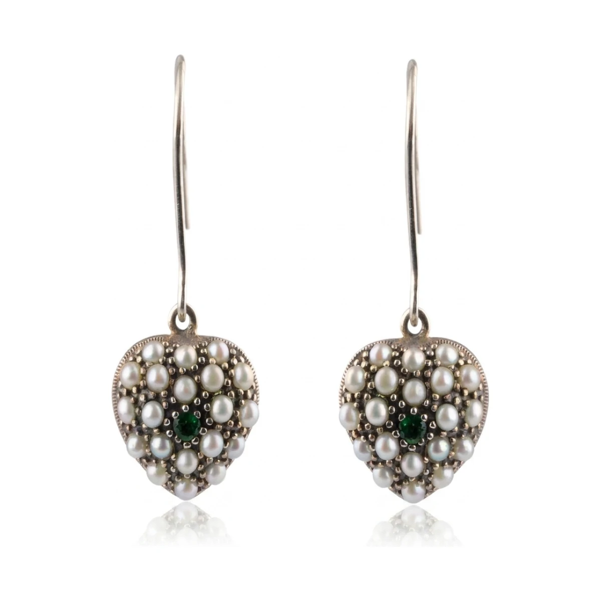 Antique Style Freshwater Seed Pearl Emerald/Ruby Heart Shape Drop Earrings  |  Silver