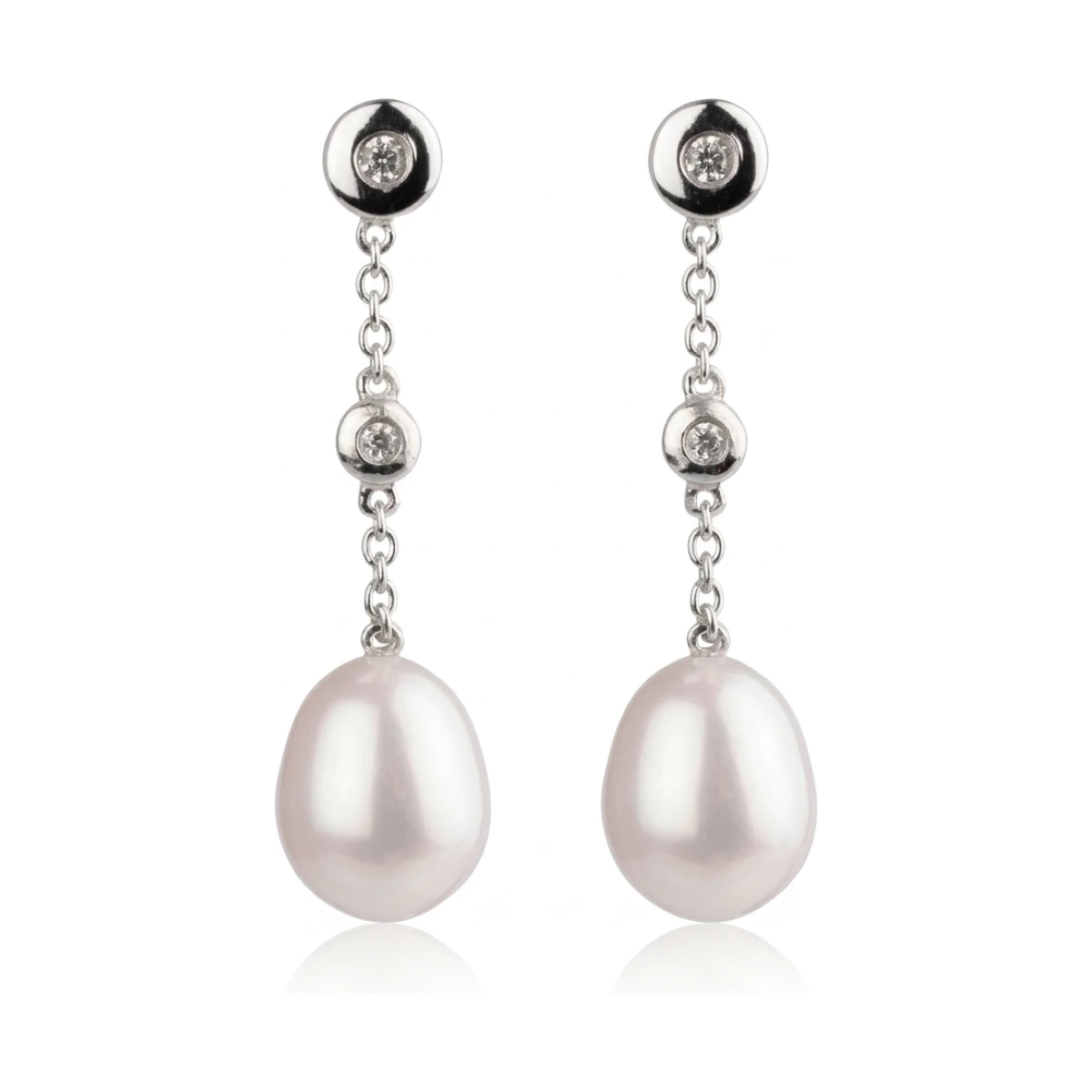 Freshwater Pearl & Double Chain Cubic Zirconia Drop Earrings  |  Silver