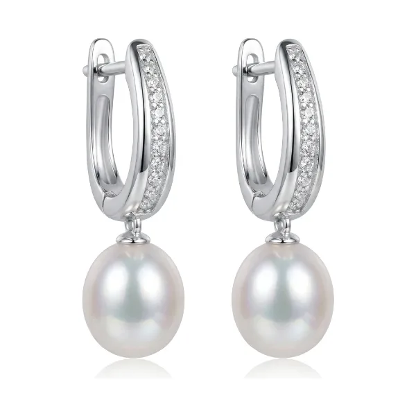 Freshwater Pearl & Cubic Zirconia Large Huggie Earring  |  Silver