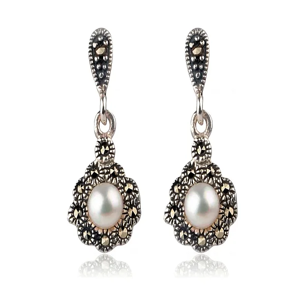 Freshwater Pearl & Marcasite Cluster Drop Earrings  |  Silver