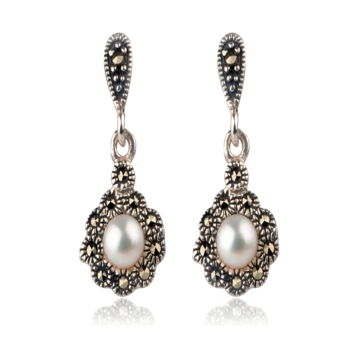 Freshwater Pearl & Marcasite Cluster Drop Earrings  |  Silver