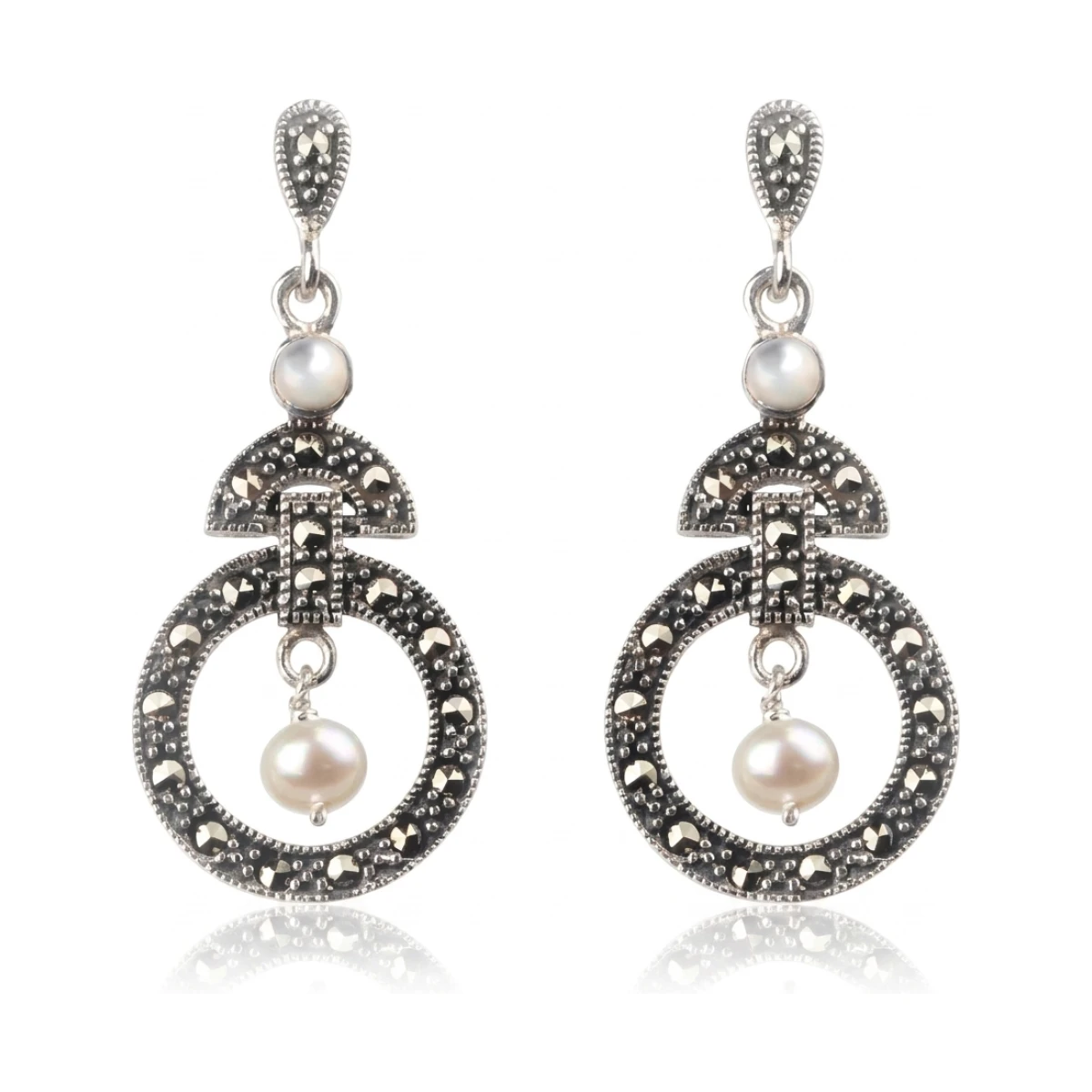 Freshwater Pearl & Marcasite Odeon Style Drop Earrings  |  Silver