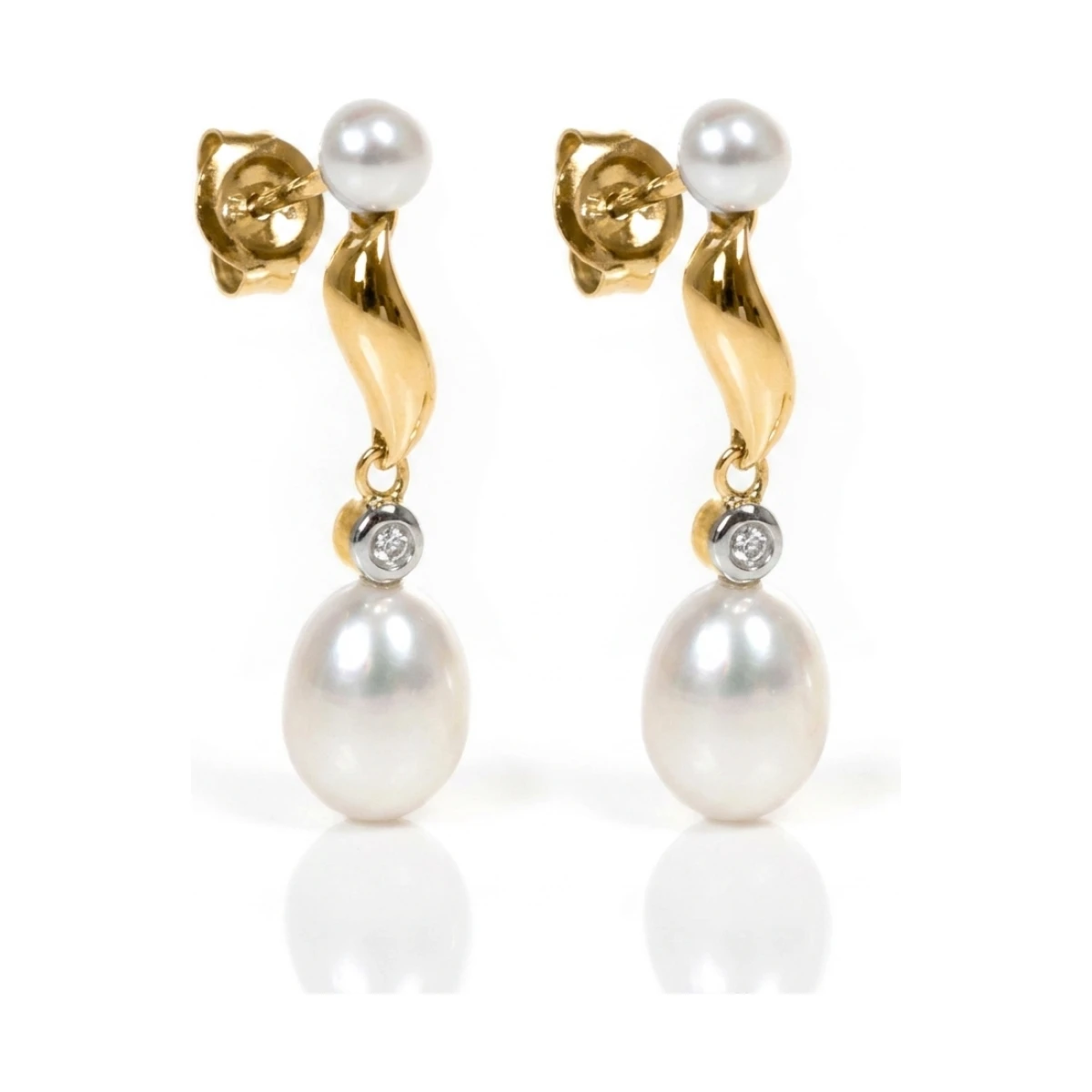 Freshwater Pearl & Diamond "S" Shape Drop Earrings  |  9ct Gold