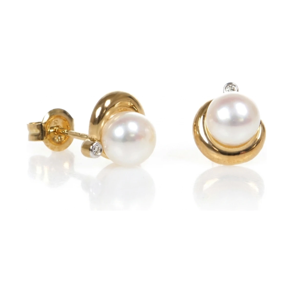 Freshwater Pearl & Diamond Crescent Stud Earrings | 9ct Gold