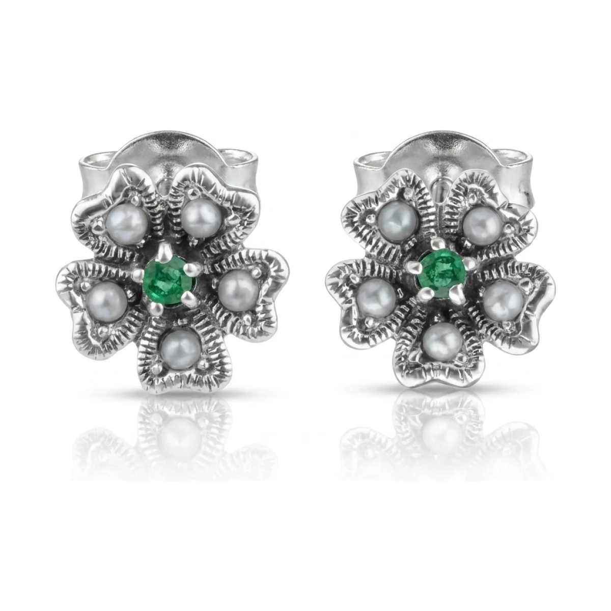 Emerald & Seed Pearl Clover Leaf Motif Stud Earrings  |  Silver
