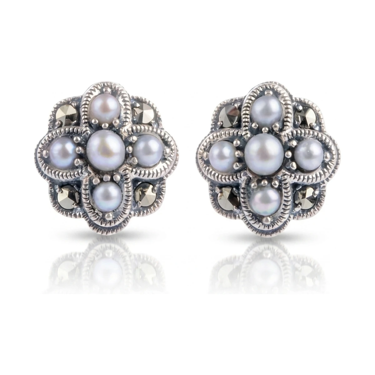 Freshwater Cultured Pearl & Marcasite Vintage Design Earrings  |  Silver 