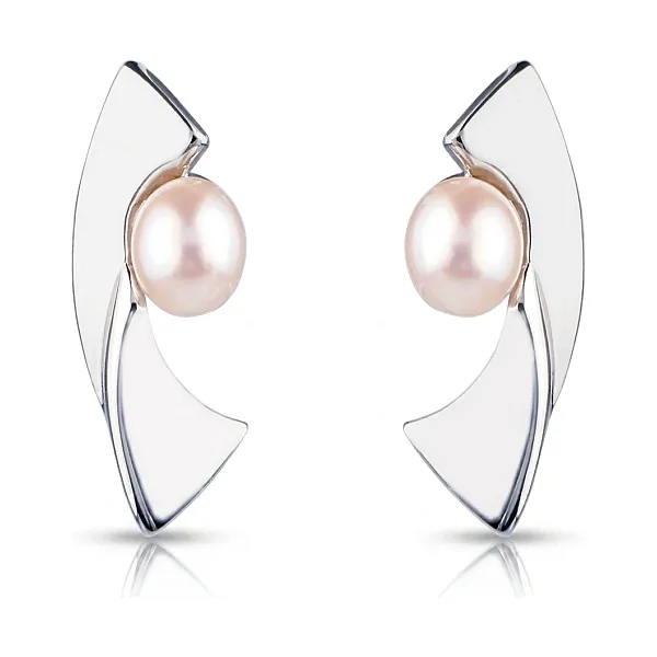 Freshwater Cultured Pearl Contemporary Curved Stud Earrings  |  Silver 