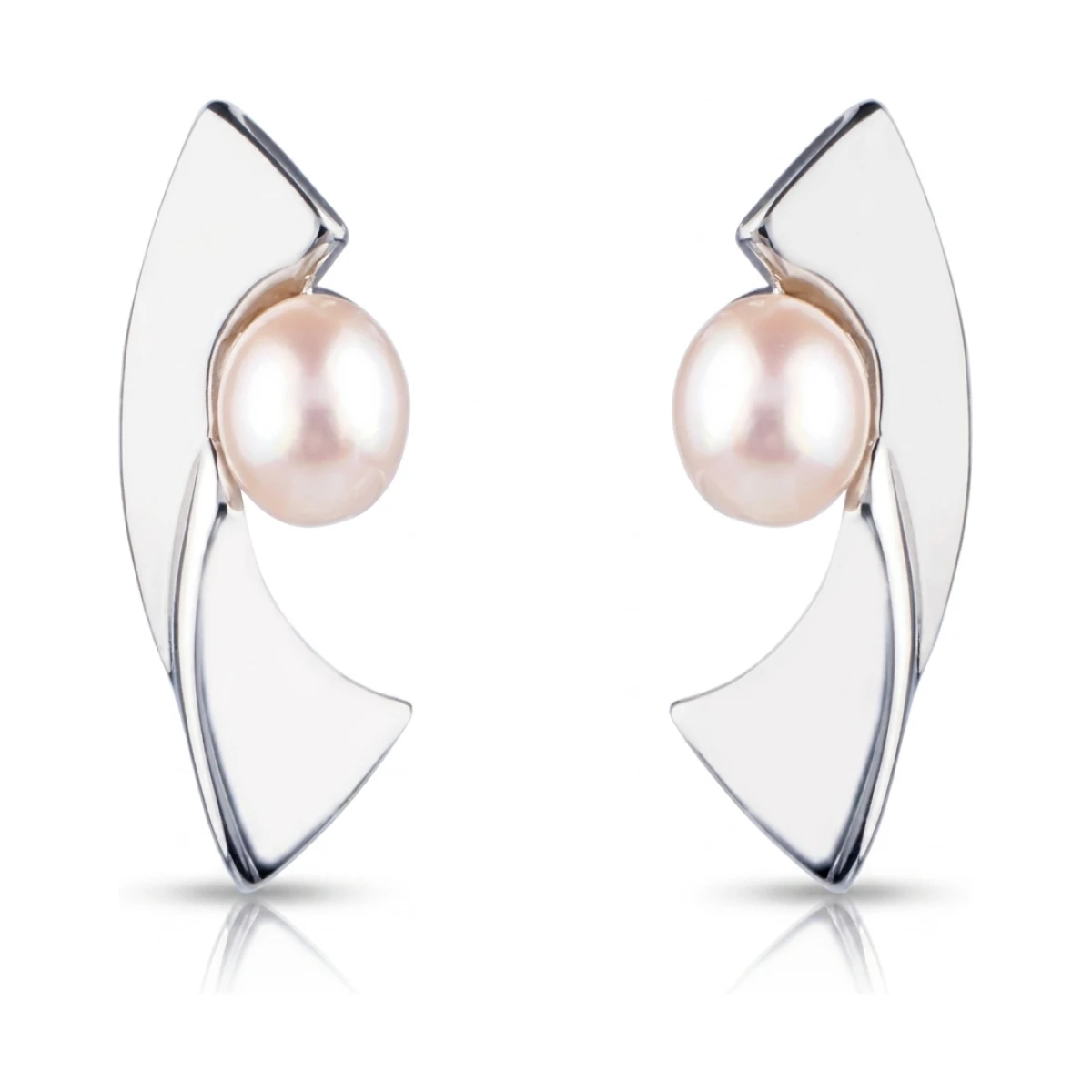 Freshwater Cultured Pearl Contemporary Curved Stud Earrings  |  Silver 