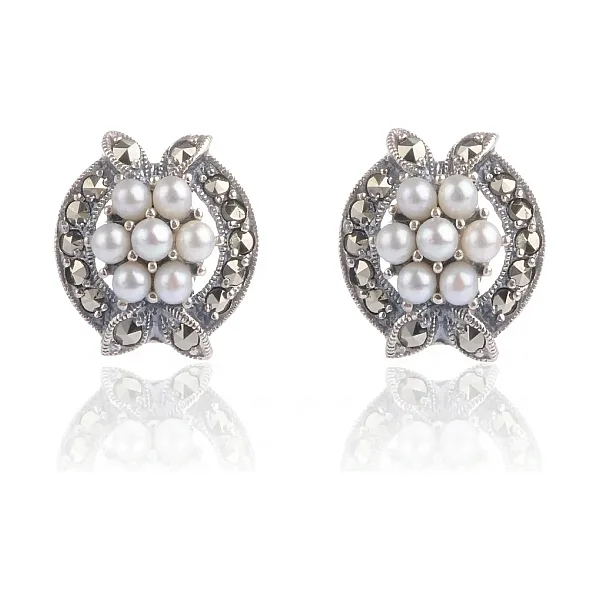 Marcasite and Seed Pearl Earrings  |  Silver 