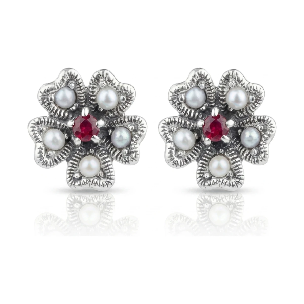 Ruby & Seed Pearl Clover Leaf Motif Stud Earrings  |  Silver 