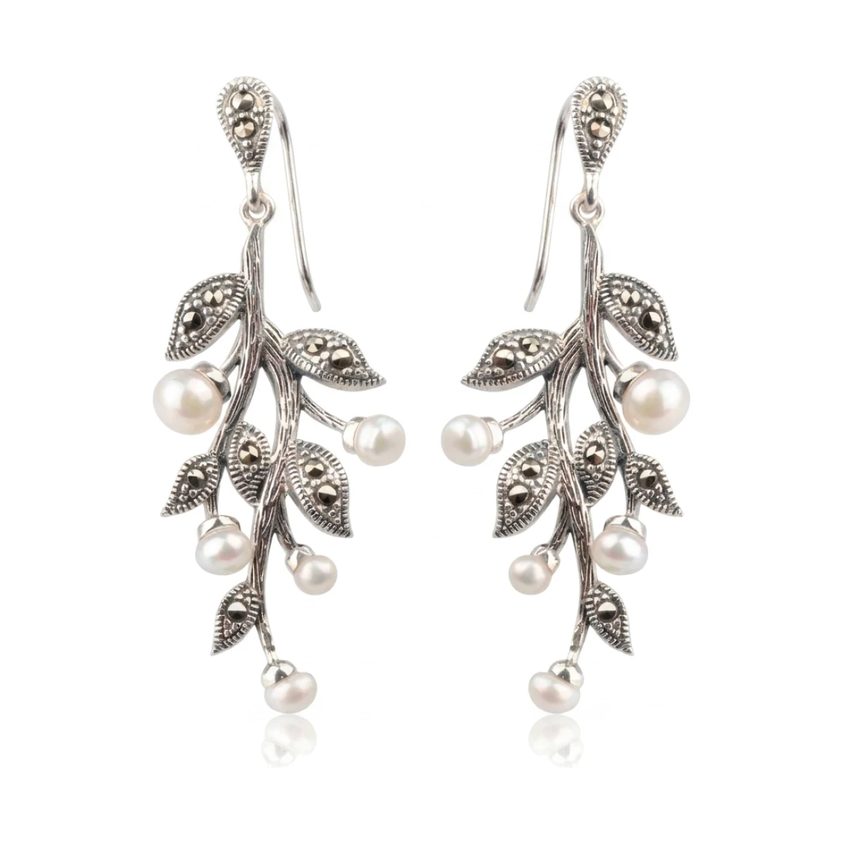 Freshwater Cultured Pearl & Marcasite Foliate Design Drop Earrings  |  Silver 