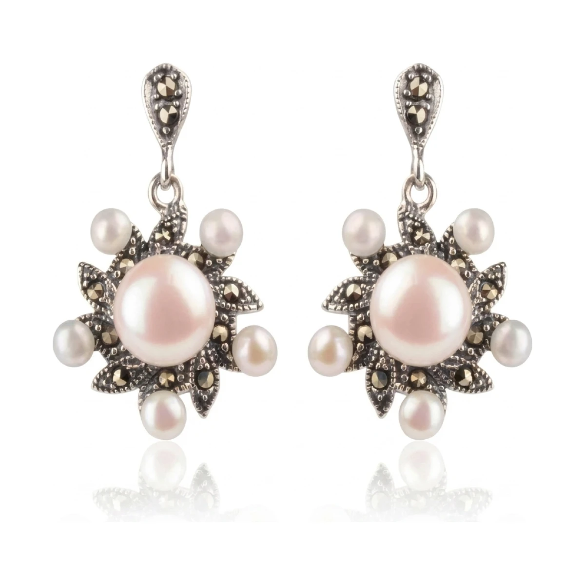  Freshwater Cultured Pearl & Marcasite Radiating Drop Earrings  |  Silver