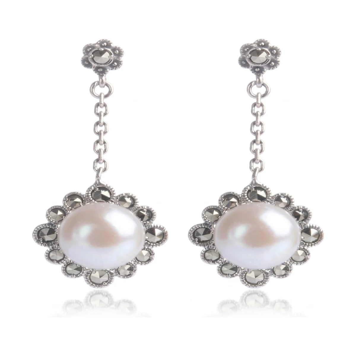 Freshwater Cultured Pearl & Marcasite Drop Earrings  |  Silver 