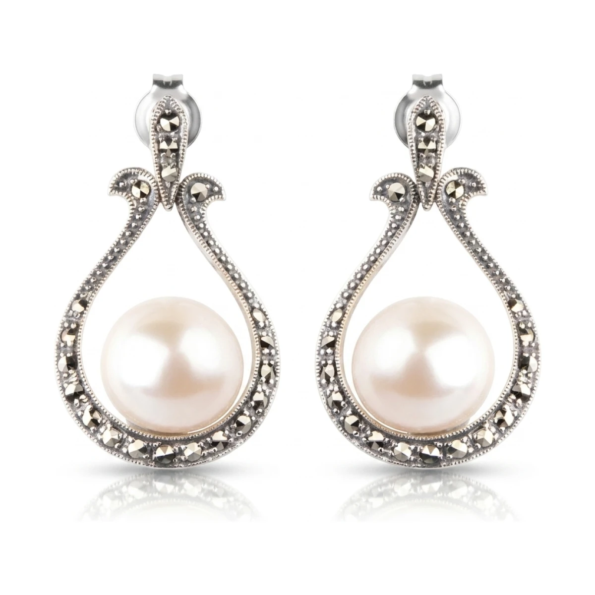  Freshwater Cultured Pearl & Marcasite Vintage Style Drop Loop Earrings  |  Silver