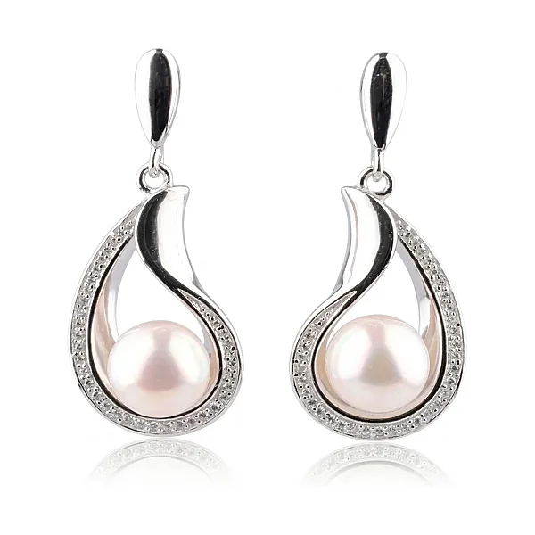 Freshwater Cultured Pearl & Cubic Zirconia Curvy Pear-shape Drop Earrings  |  Silver 