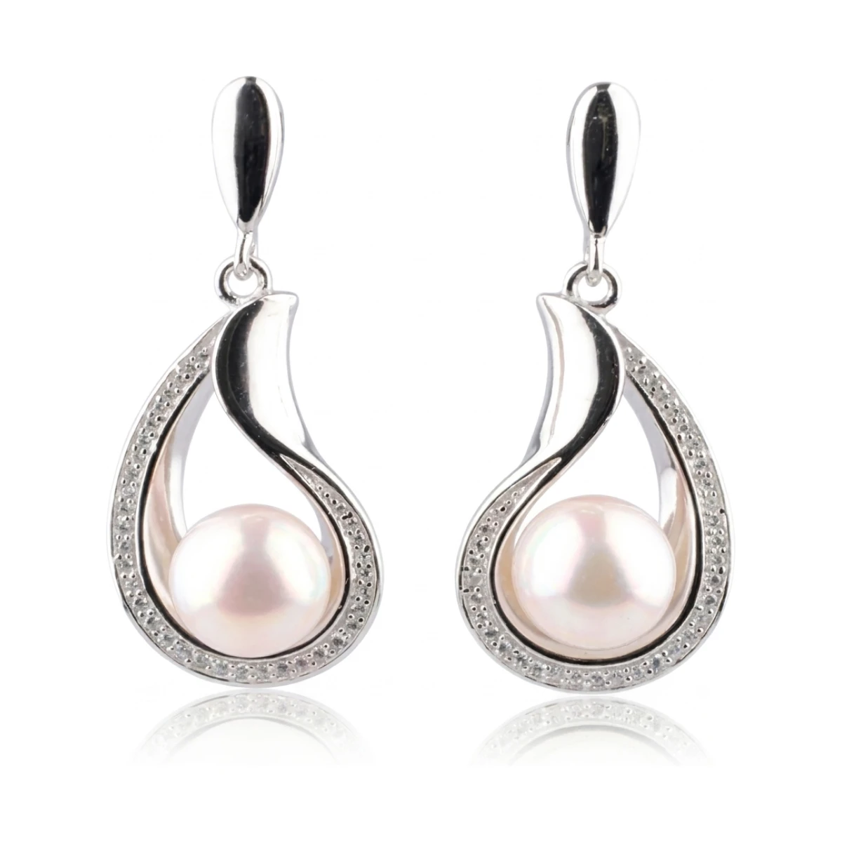 Freshwater Cultured Pearl & Cubic Zirconia Curvy Pear-shape Drop Earrings  |  Silver 
