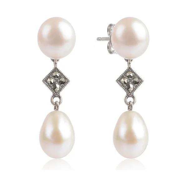 Freshwater Cultured Pearl & Marcasite Double Drop Earrings  |  Silver 