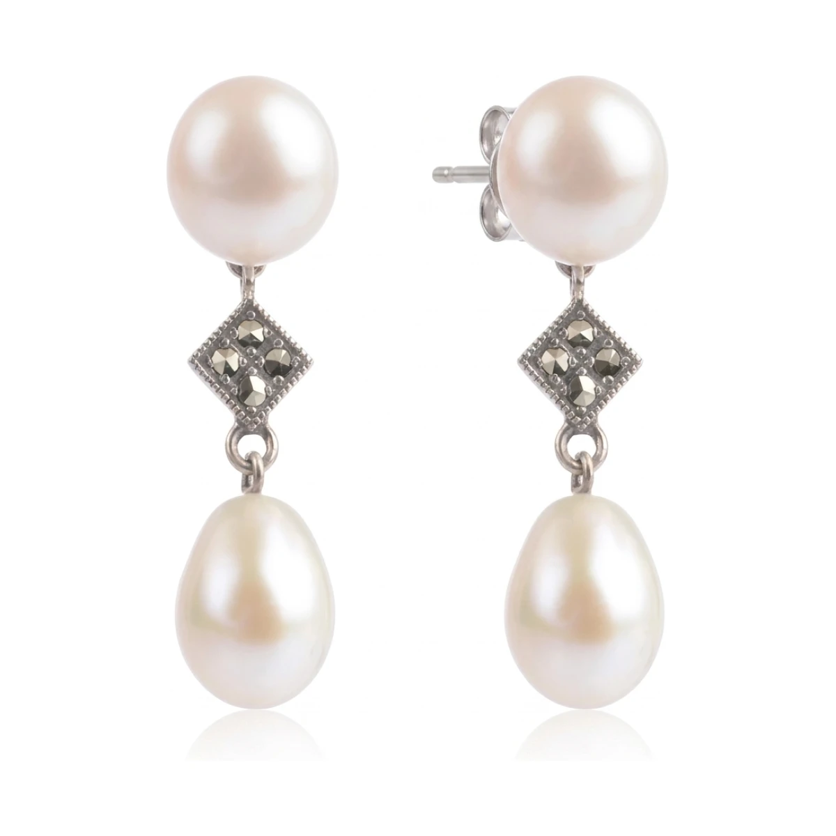 Freshwater Cultured Pearl & Marcasite Double Drop Earrings  |  Silver 