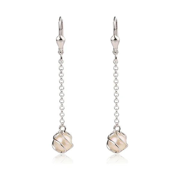 Freshwater Cultured Pearl Cage Long Drop Earrings  |  Silver 