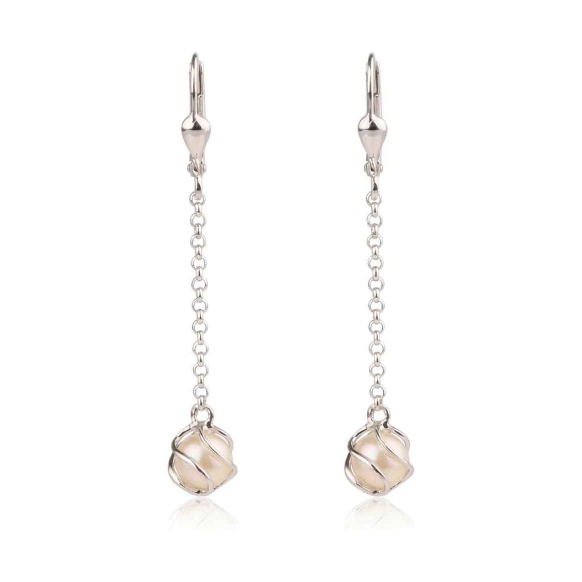 Freshwater Cultured Pearl Cage Long Drop Earrings  |  Silver 