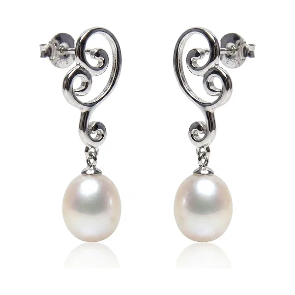  Freshwater Cultured Pearl Fancy Scrolling Design Earrings  |  Silver