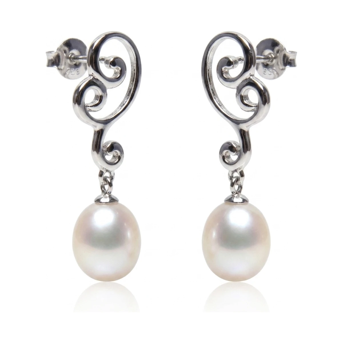  Freshwater Cultured Pearl Fancy Scrolling Design Earrings  |  Silver