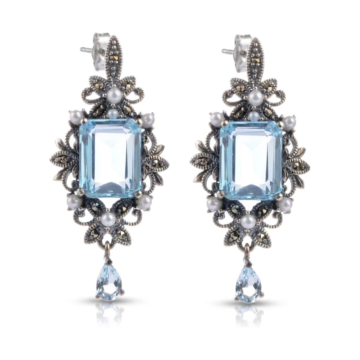 Freshwater Pearl, Blue Topaz & Marcasite Antique Design Earrings  |  Silver 