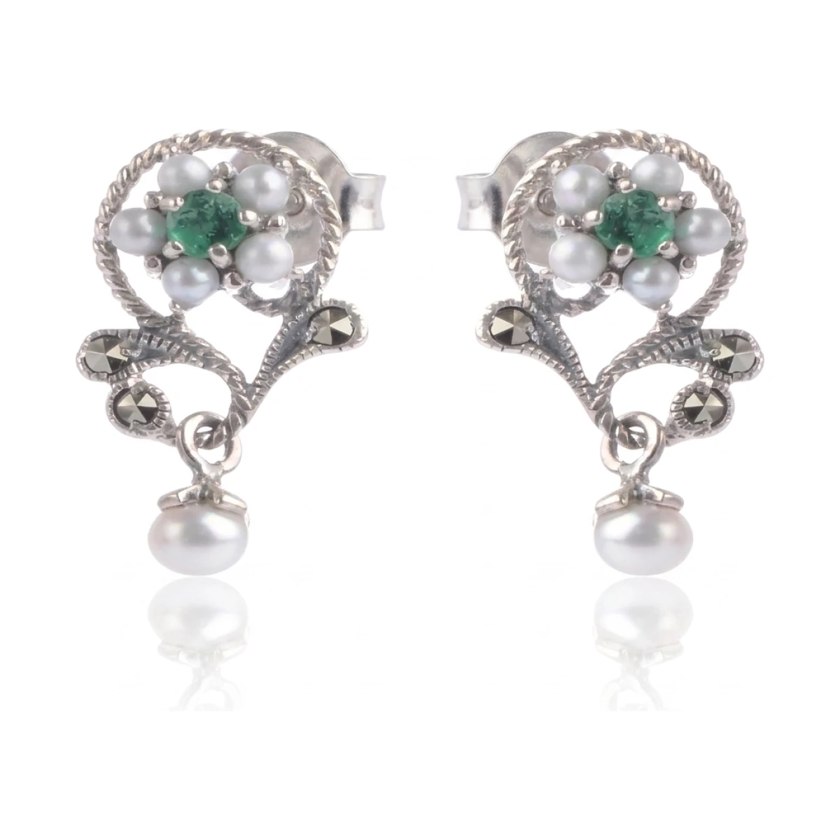Freshwater Cultured Pearl, Emerald & Marcasite Floral Earrings  |  Silver 